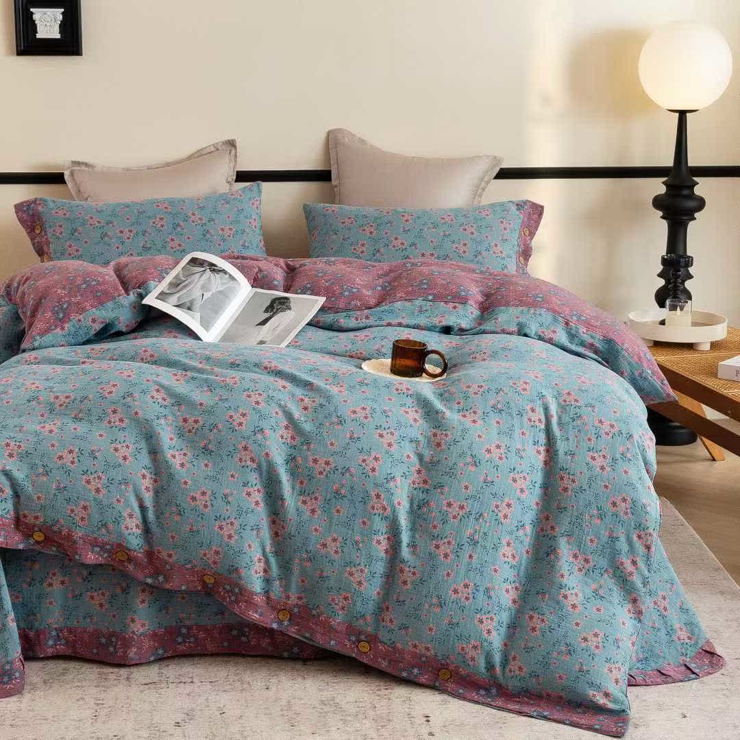 Rustic Floral Cotton Double Gauze Bedding Set(4PCS) - image 1