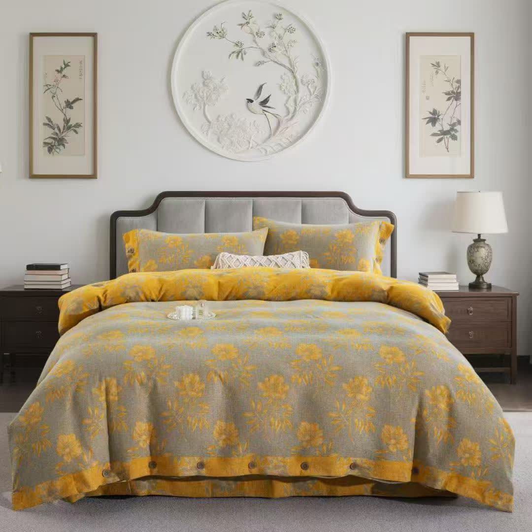 Floral Blossom Cotton Gauze Bedding Set(4PCS) - Khaki - King - image 5
