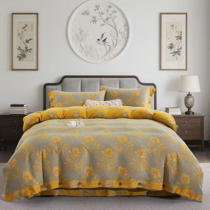 Floral Blossom Cotton Gauze Bedding Set(4PCS) - Khaki - King - image 5