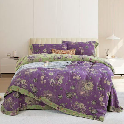 Peony Cotton Gauze Button Bedding Set(4PCS) - Purple - King - image 2