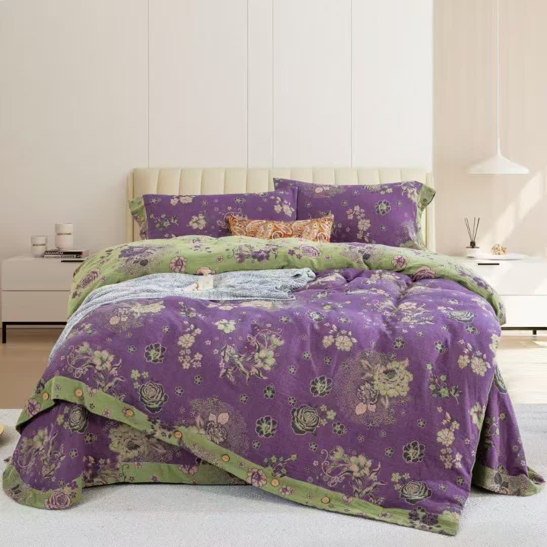 Peony Cotton Gauze Button Bedding Set(4PCS) - Purple - King - image 2
