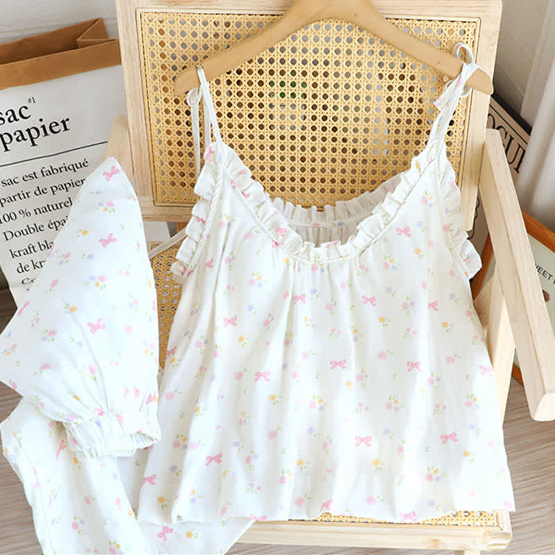 Bow Pattern Camisole Cotton Pajama Set - Pink - XL - image 0