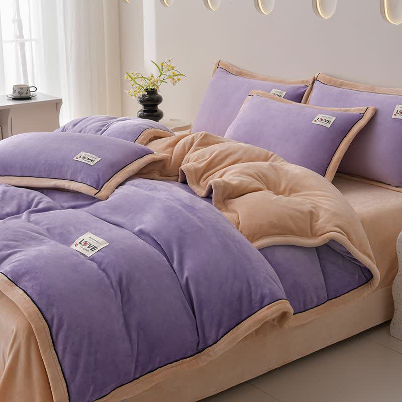 Reversible Warm Plush Bedding Set(4PCS) - Purple + Apricot - King - image 11