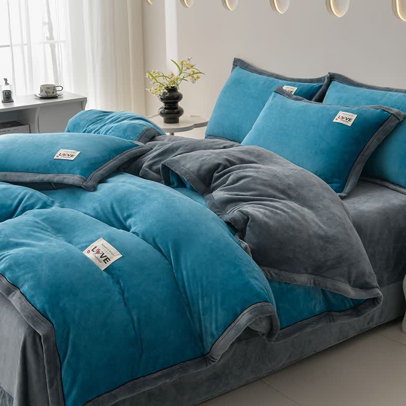 Reversible Warm Plush Bedding Set(4PCS) - Blue + Dark Gray - King - image 6