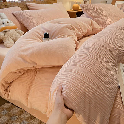 Vertical Striped Textured Plush Bedding Set(4PCS) - Light Pink - King - image 0