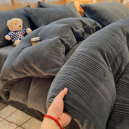 Vertical Striped Textured Plush Bedding Set(4PCS) - Dark Grey - King - image 5