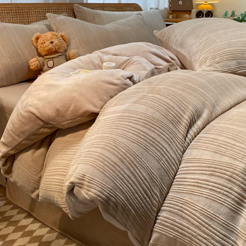 Vertical Striped Textured Plush Bedding Set(4PCS) - Coffee - King - image 1