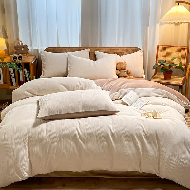 Vertical Striped Textured Plush Bedding Set(4PCS) - image 9