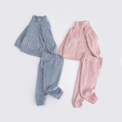 Solid Plush Zip-up Child Loungewear Set - image 1