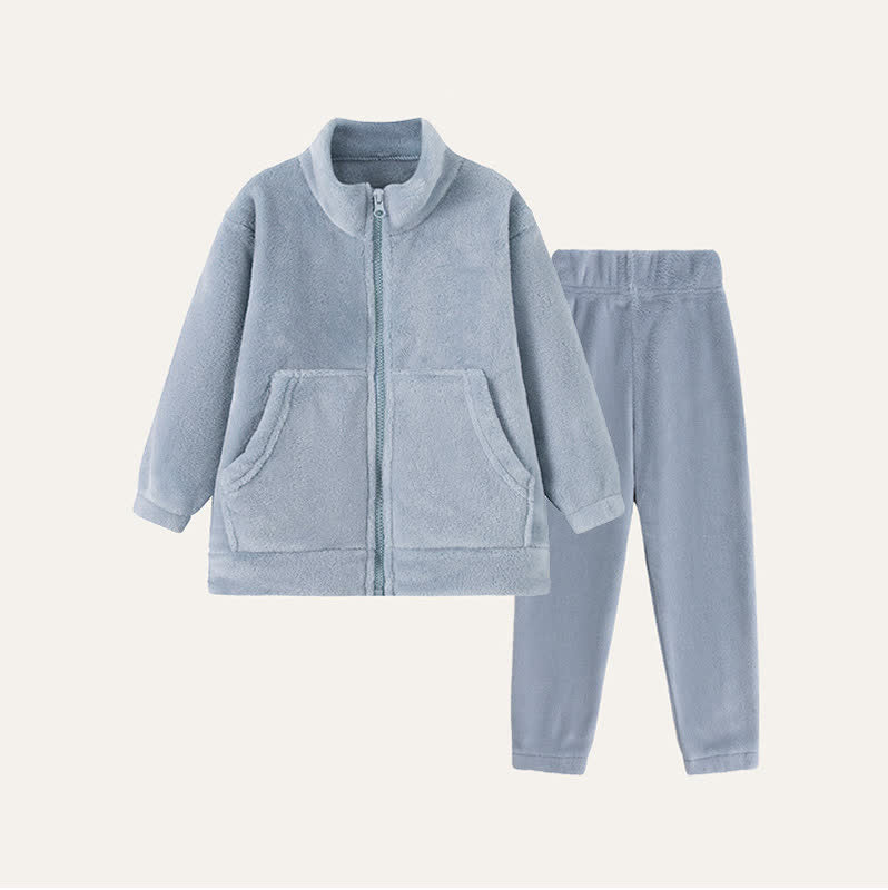 Solid Plush Zip-up Child Loungewear Set - Blue - Child:160cm - image 6