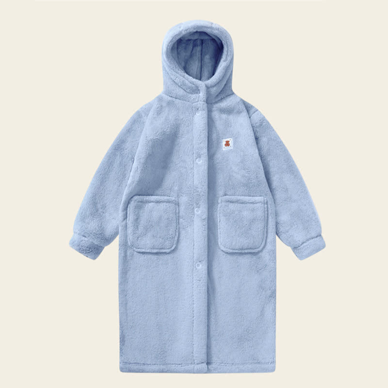 Solid Color Hooded Button Child Bathrobe - Blue - Child:160-170cm - image 7