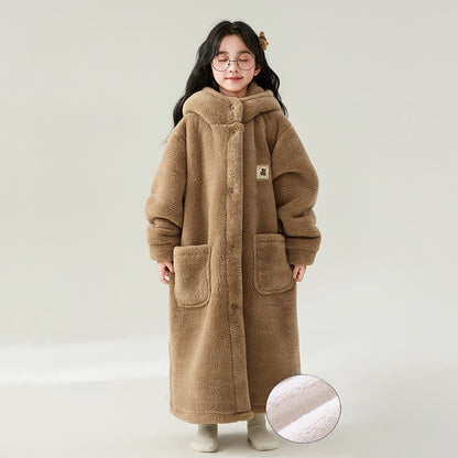 Solid Color Hooded Button Child Bathrobe - Coffee - Child:160-170cm - image 4