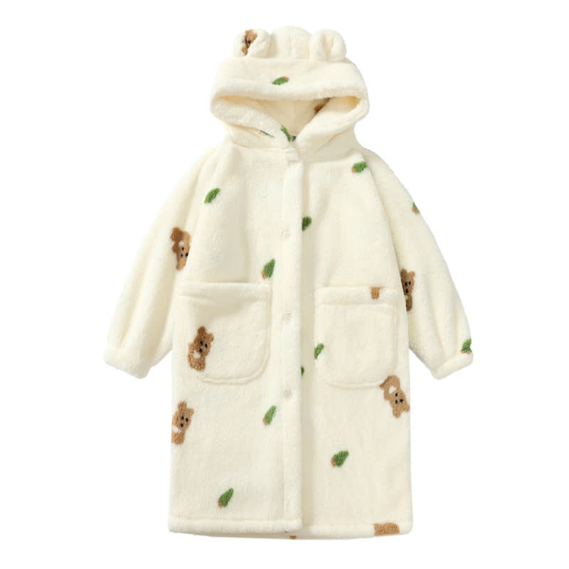 Bear Ear Hooded Button Plush Child Robe - White - Child:160-170cm - image 7