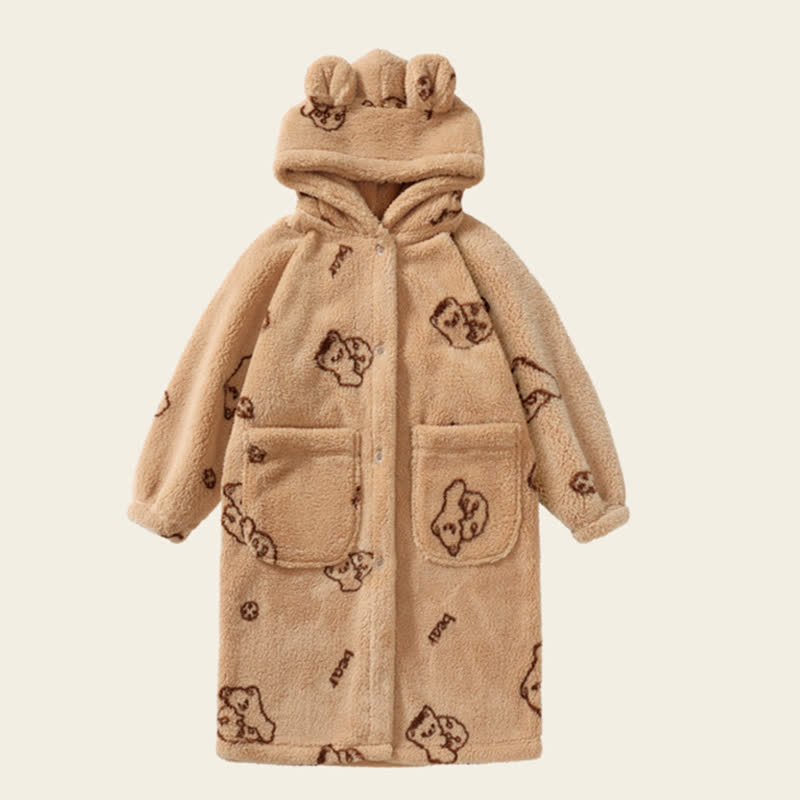 Bear Ear Hooded Button Plush Child Robe - Khaki - Child:160-170cm - image 5
