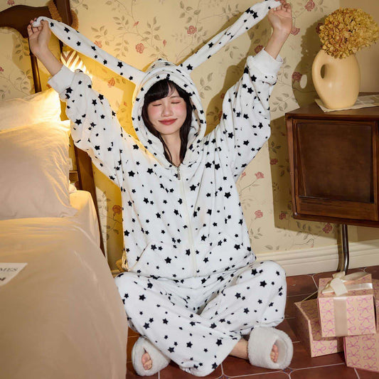 Bunny-Ear Hooded Zip-up Plush Loungewear Set - White - 2XL - image 0