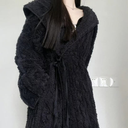 Fluffy Minimalist Black Hooded Robe - Black - 2XL - image 0