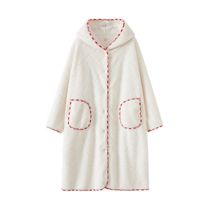 Stripe Textured Hooded Button Plush Robe - image 7