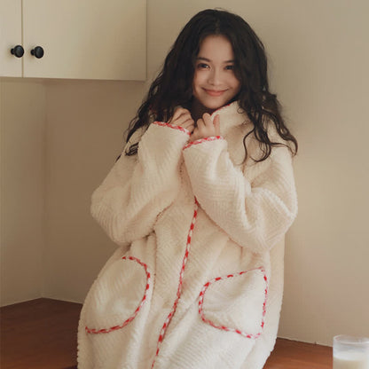 Stripe Textured Hooded Button Plush Robe - image 5