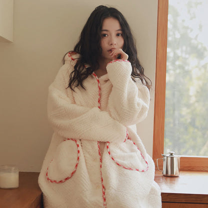 Stripe Textured Hooded Button Plush Robe - image 6