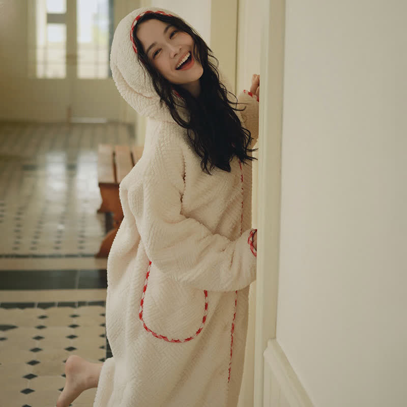 Stripe Textured Hooded Button Plush Robe - image 4