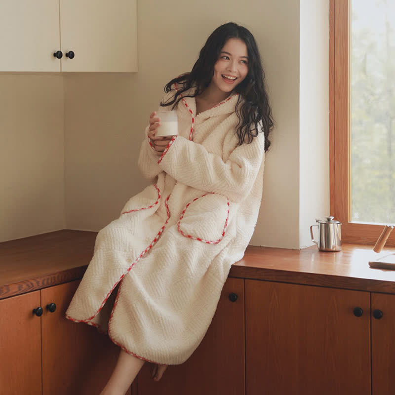 Stripe Textured Hooded Button Plush Robe - image 3