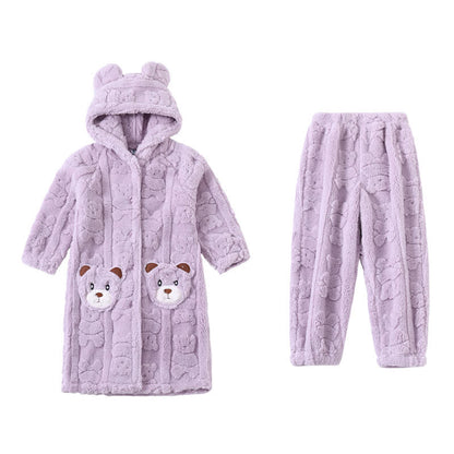 Bear-Ear Hooded Button Plush Child Robe - Purple - Bathrobe with pants - Child:170-180cm - image 13