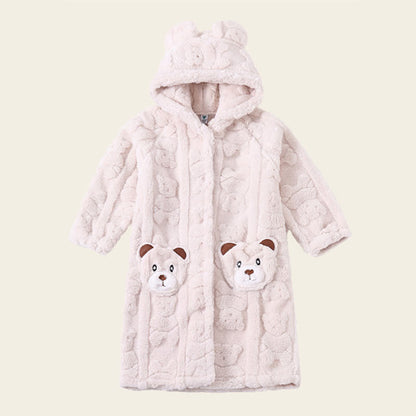 Bear-Ear Hooded Button Plush Child Robe - White - Bathrobe - Child:170-180cm - image 10