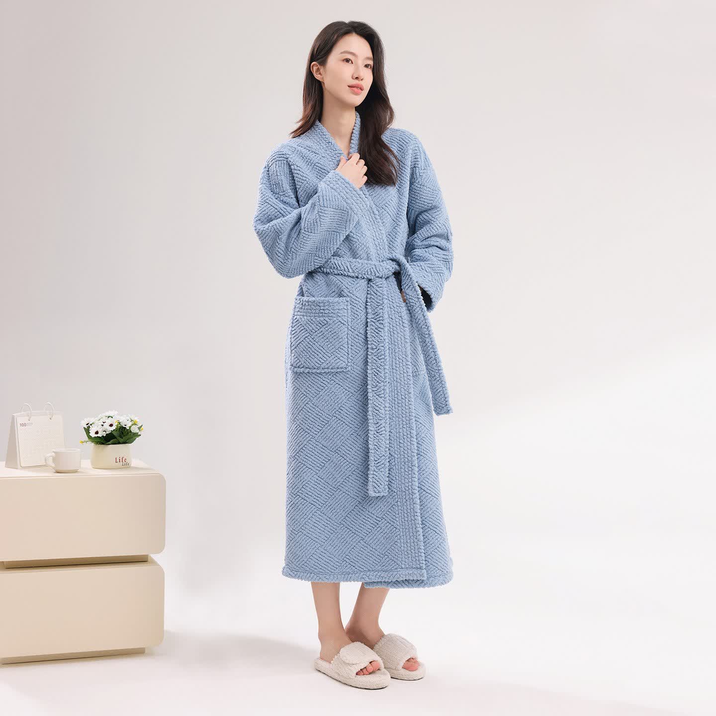Striped Diamond Textured Plush Robe - Blue - Bathrobe - 2XL - image 1