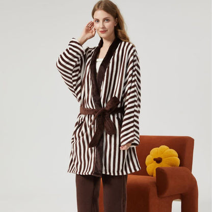 Stripe Kimono Style Plush Loungewear Set - Dark Brown - XL - image 2