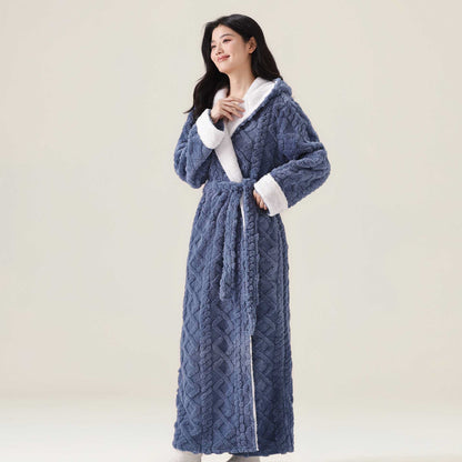 Jacquard Hooded Plush Warm Bathrobe - Navy Blue - XL - image 2