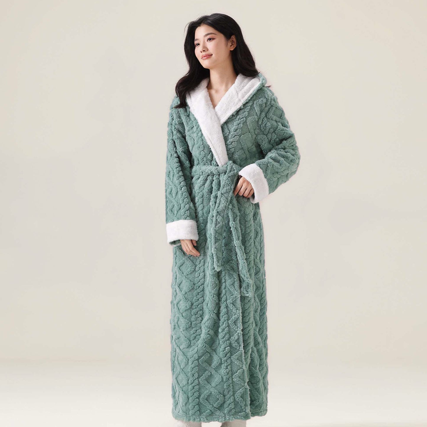 Jacquard Hooded Plush Warm Bathrobe - Green - XL - image 4