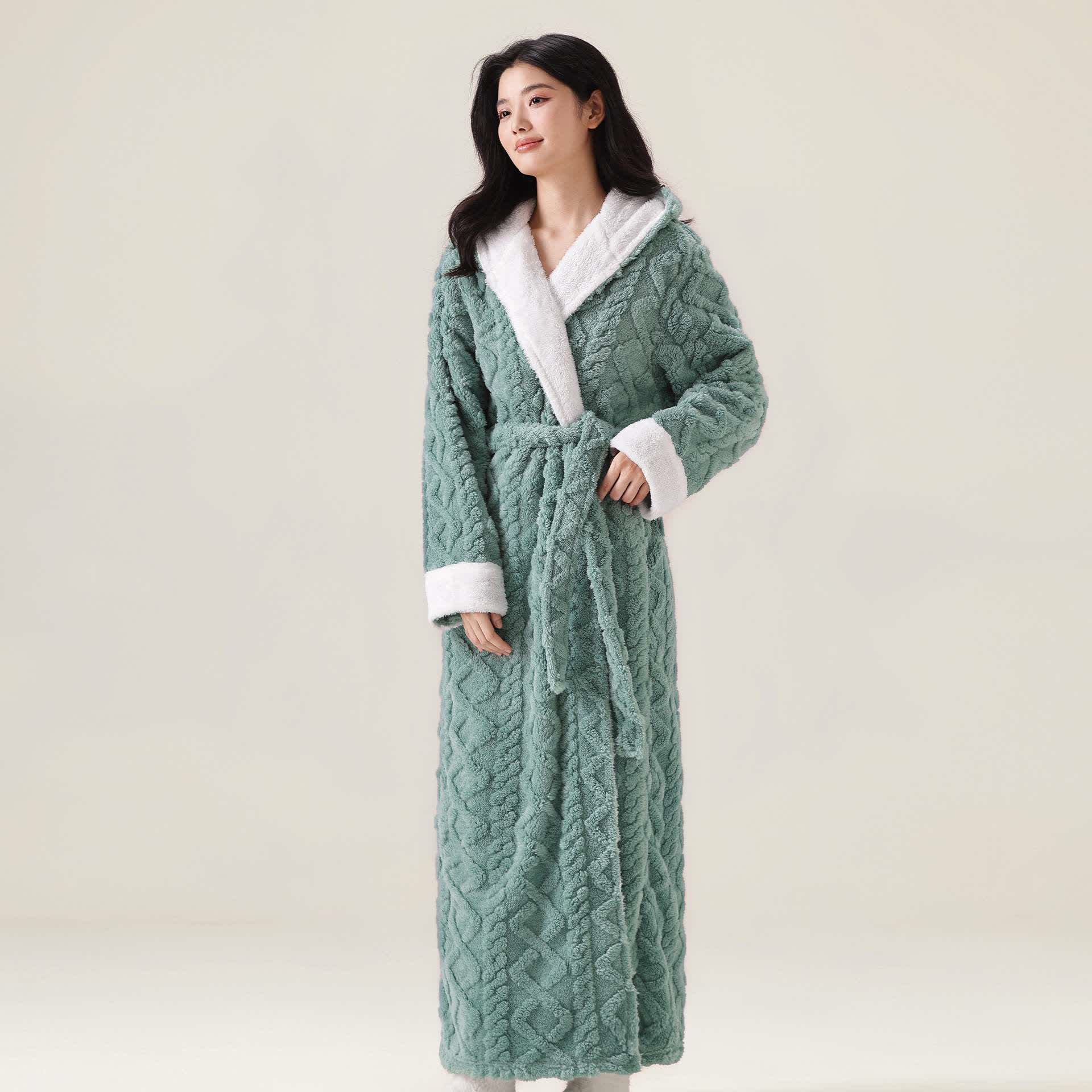 Jacquard Hooded Plush Warm Bathrobe - Green - XL - image 4