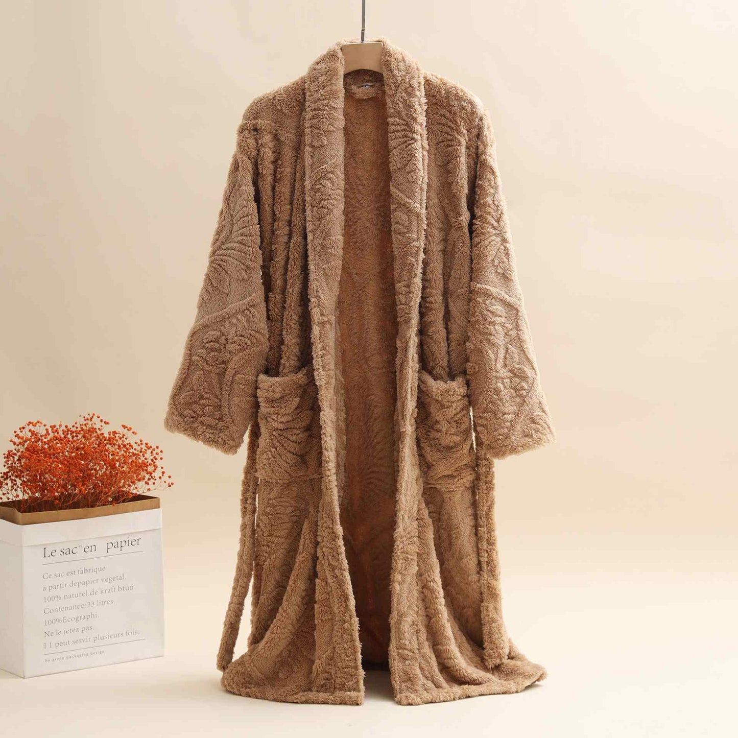 Unisex Retro Jacquard Plush Warm Bathrobe - Coffee - XL - image 4