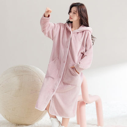 Simple Hooded Button Plush Bathrobe - Pink - XL - image 0