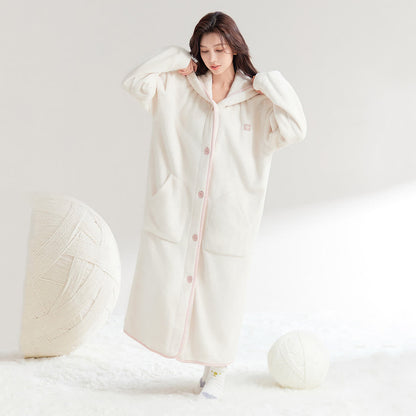 Simple Hooded Button Plush Bathrobe - image 2