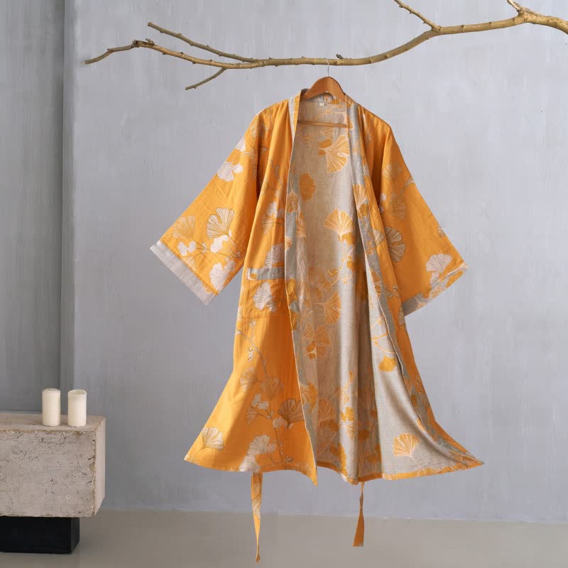 Cotton Gauze Ginkgo Kimono Robe - Orange - XL - image 48