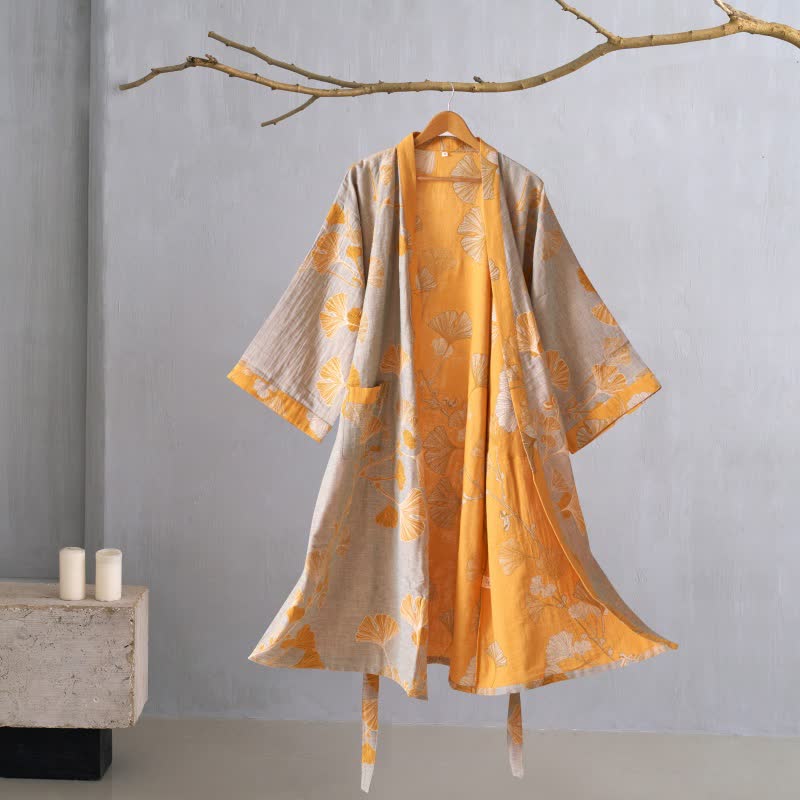 Cotton Gauze Ginkgo Kimono Robe - Grey & Orange - XL - image 55