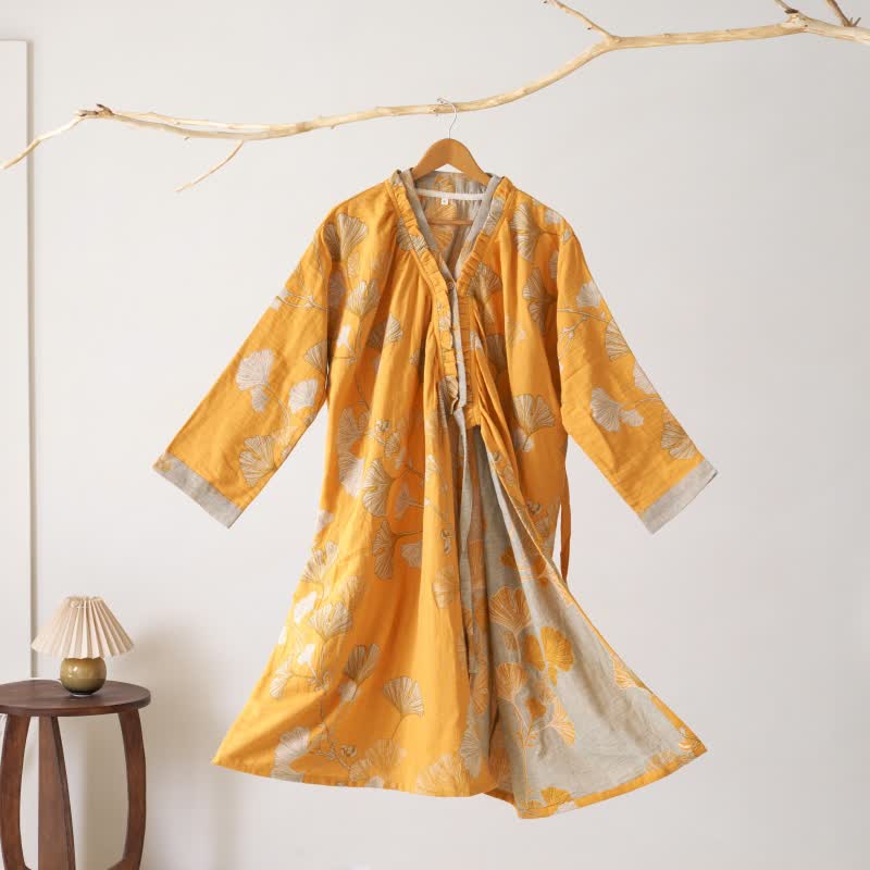 Ginkgo Leaf Hanfu Inspired Cotton Nightdress - Orange - XL - image 28