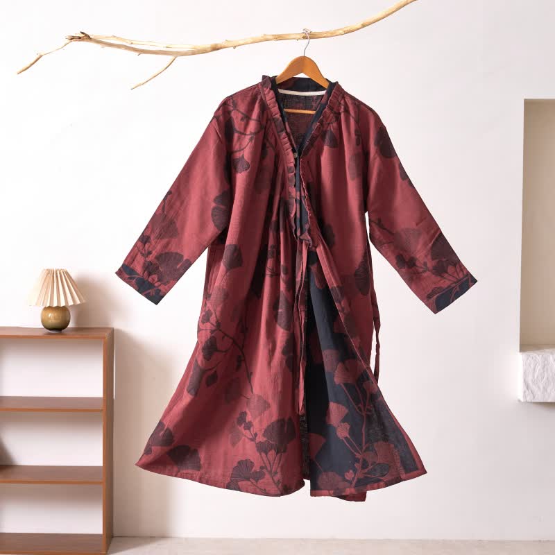 Ginkgo Leaf Hanfu Inspired Cotton Nightdress - Red - XL - image 36