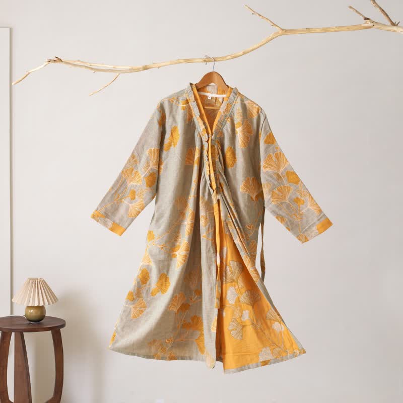 Ginkgo Leaf Hanfu Inspired Cotton Nightdress - Grey & Orange - XL - image 32