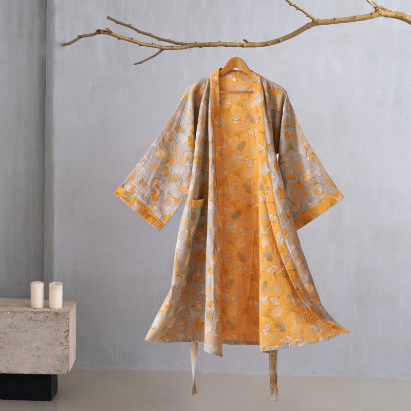 Ginkgo Biloba Cotton Gauze Kimono Robe - Grey & Orange - XL - image 51