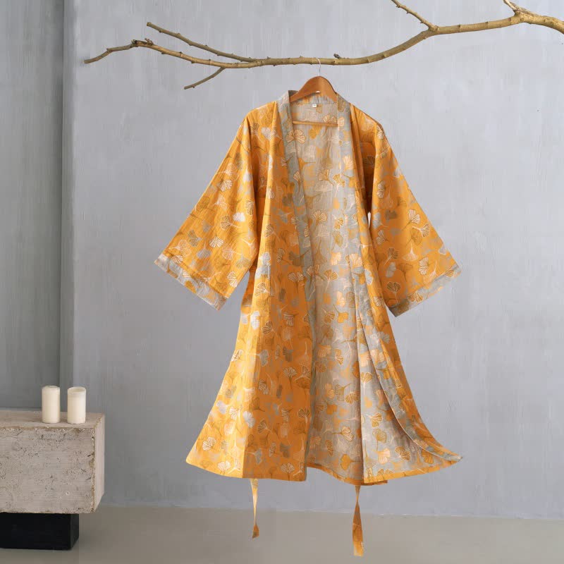 Ginkgo Biloba Cotton Gauze Kimono Robe - Orange & Grey - XL - image 47