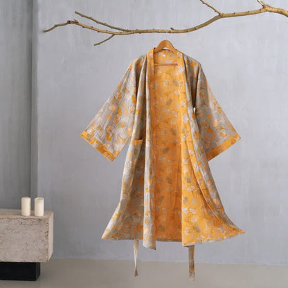 Ginkgo Biloba Cotton Gauze Kimono Robe - Grey & Orange - XL - image 52