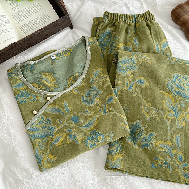 Oriental Style Peony Cotton Gauze Pajamas - image 2