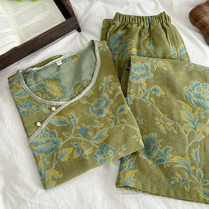 Oriental Style Peony Cotton Gauze Pajamas - image 2