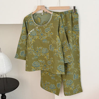 Oriental Style Peony Cotton Gauze Pajamas - Green - XL - image 1