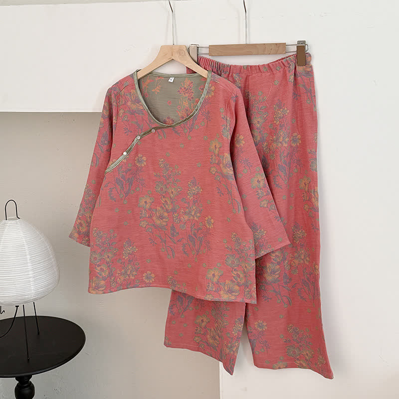 Oriental Pink Peony Cotton Gauze Pajamas - Dark Pink - XL - image 0