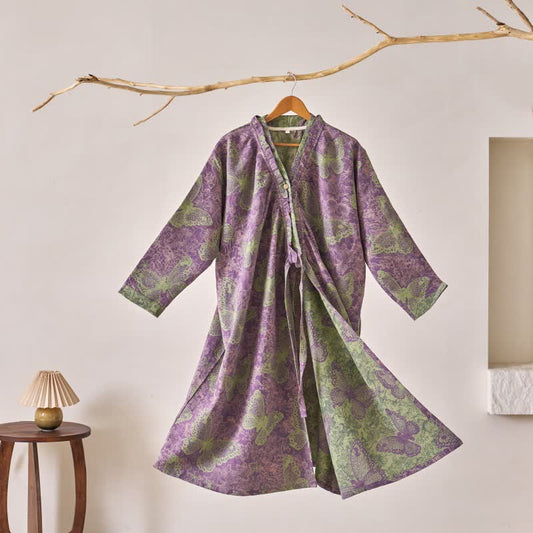 Elegant Butterfly Ruffled Cotton Nightdress - Purple - XL - image 0