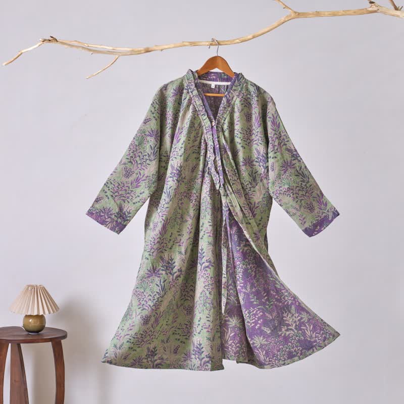 Botanical Plant Ruffled Cotton Nightdress - Green - XL - image 0