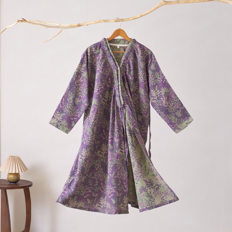 Botanical Plant Ruffled Cotton Nightdress - Purple - XL - image 8